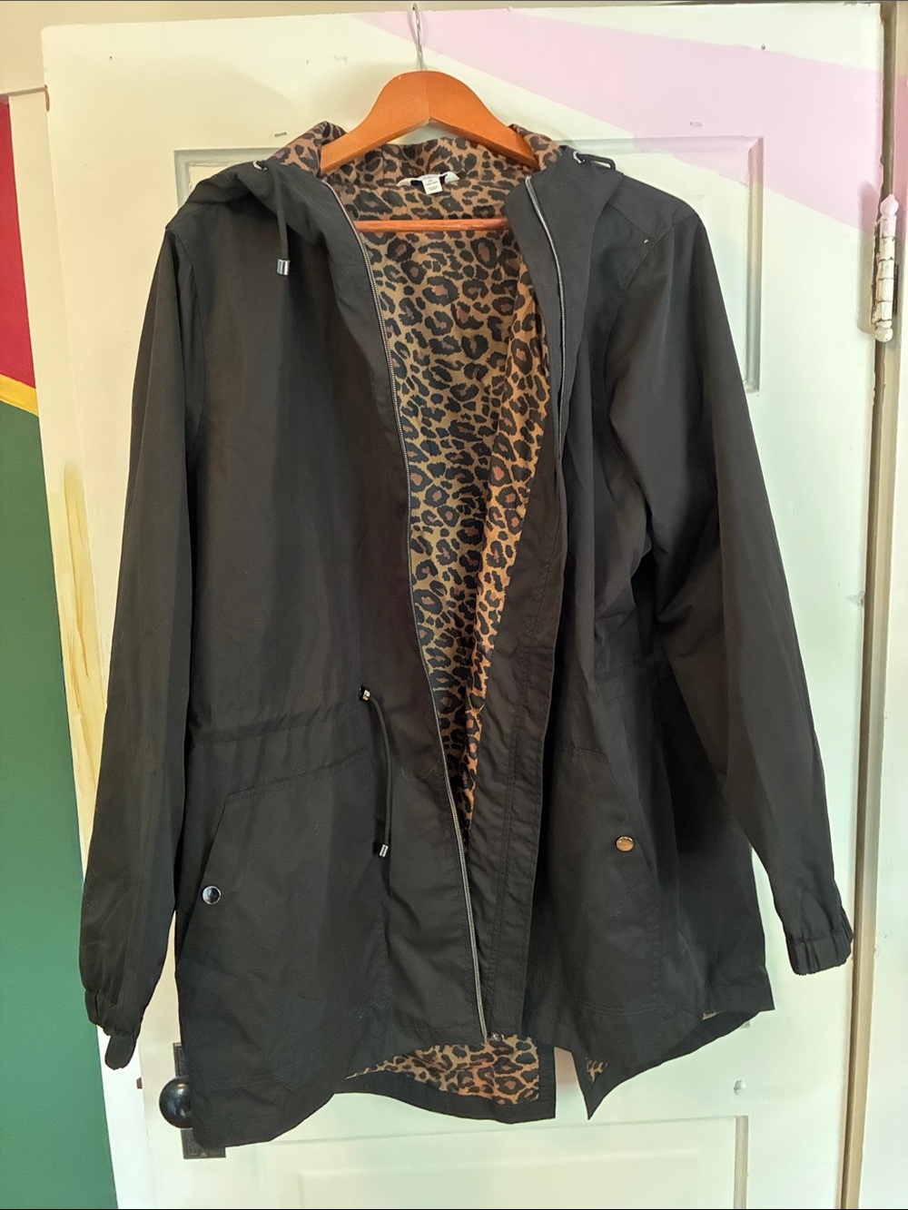 Time and Tru Black Hooded Trench Coat with Leopard Lining